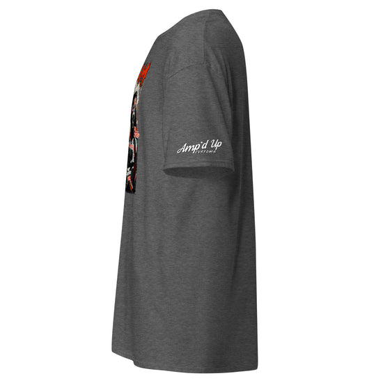 Side view of gray Amp'd Up Custom Scream T-Shirt with graphic print and logo on sleeve