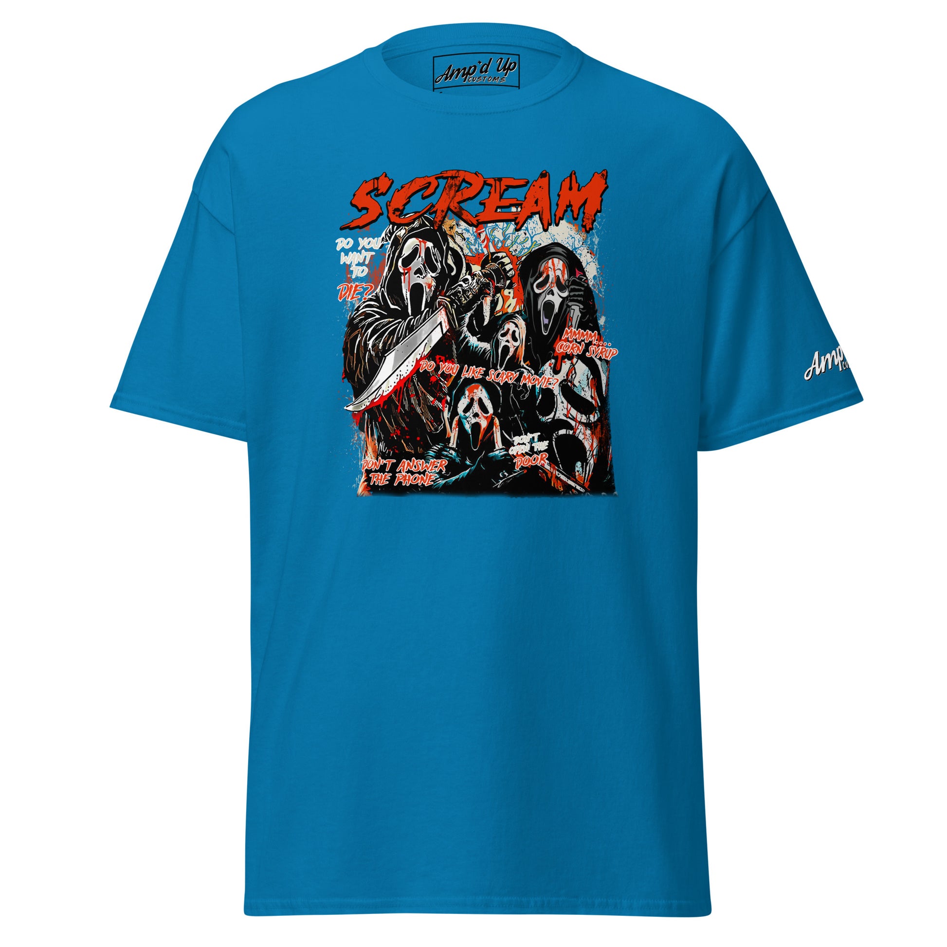 Amp'd Up Custom blue Scream T-Shirt with graphic of multiple Ghostface characters holding knives