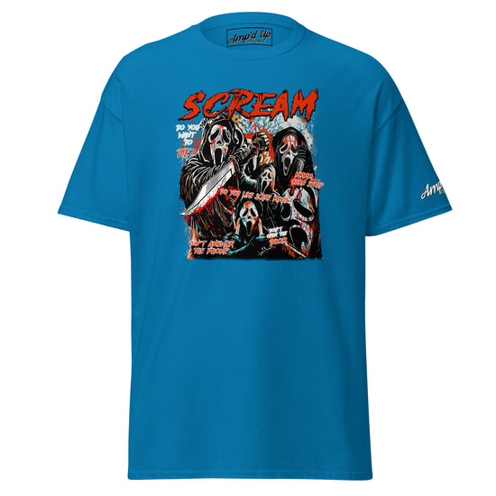 Amp'd Up Custom blue Scream T-Shirt with graphic of multiple Ghostface characters holding knives