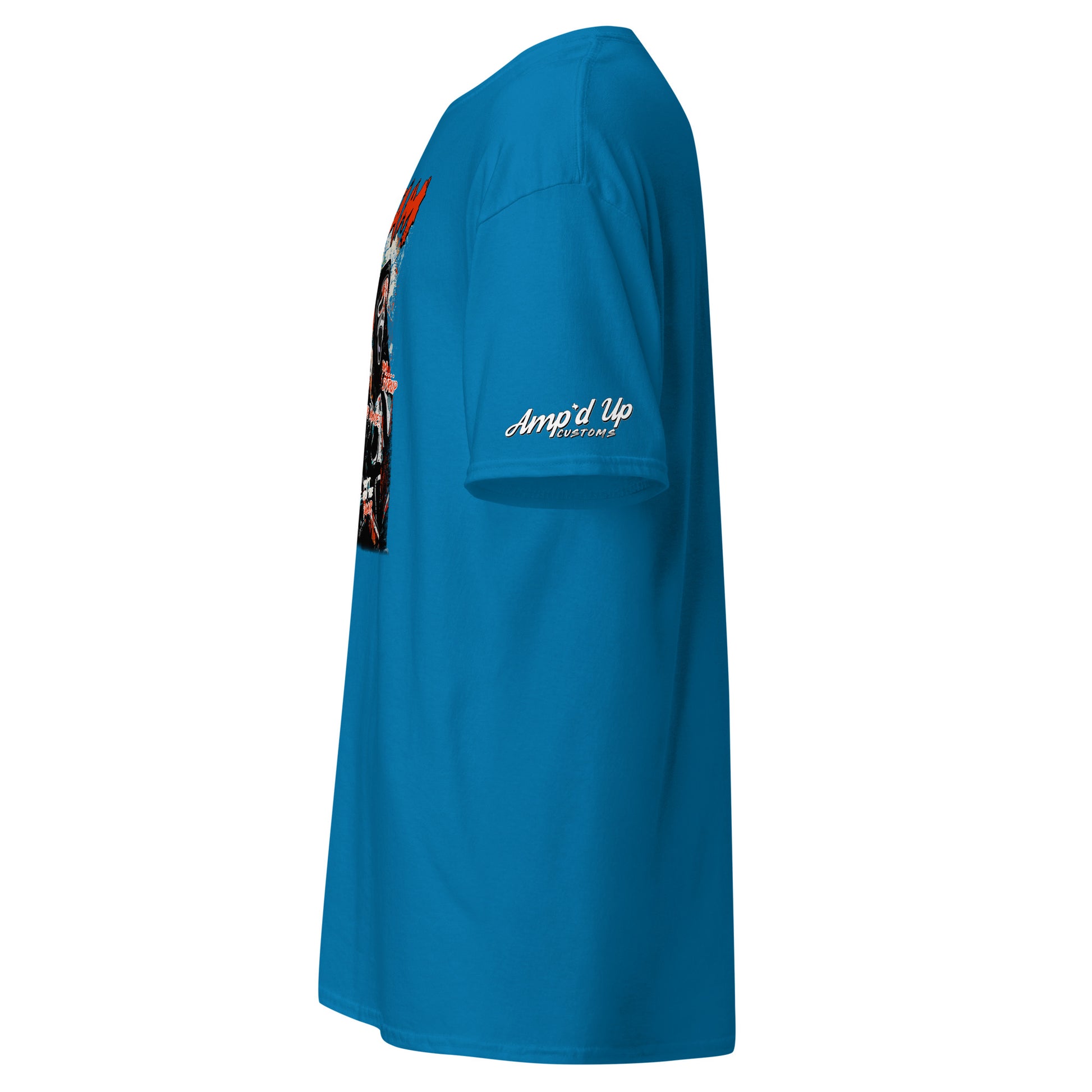 Amp'd Up Custom blue Scream T-Shirt showing side view with logo on sleeve