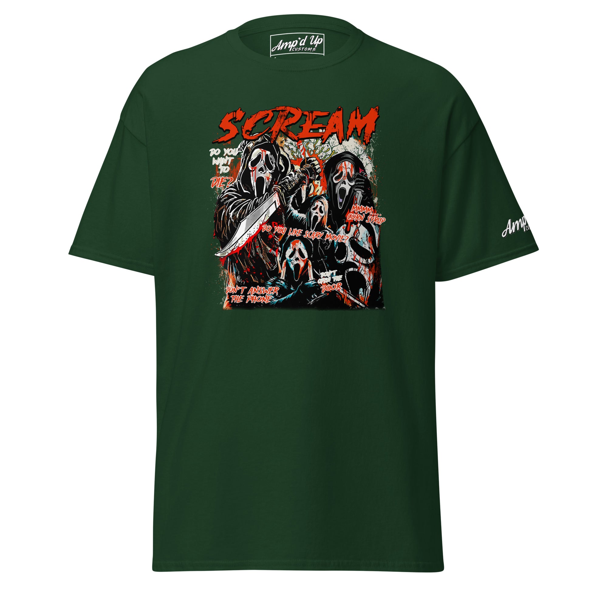 Amp'd Up Custom green Scream T-Shirt with graphic of masked horror characters and knives