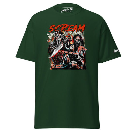 Amp'd Up Custom green Scream T-Shirt with graphic of masked horror characters and knives