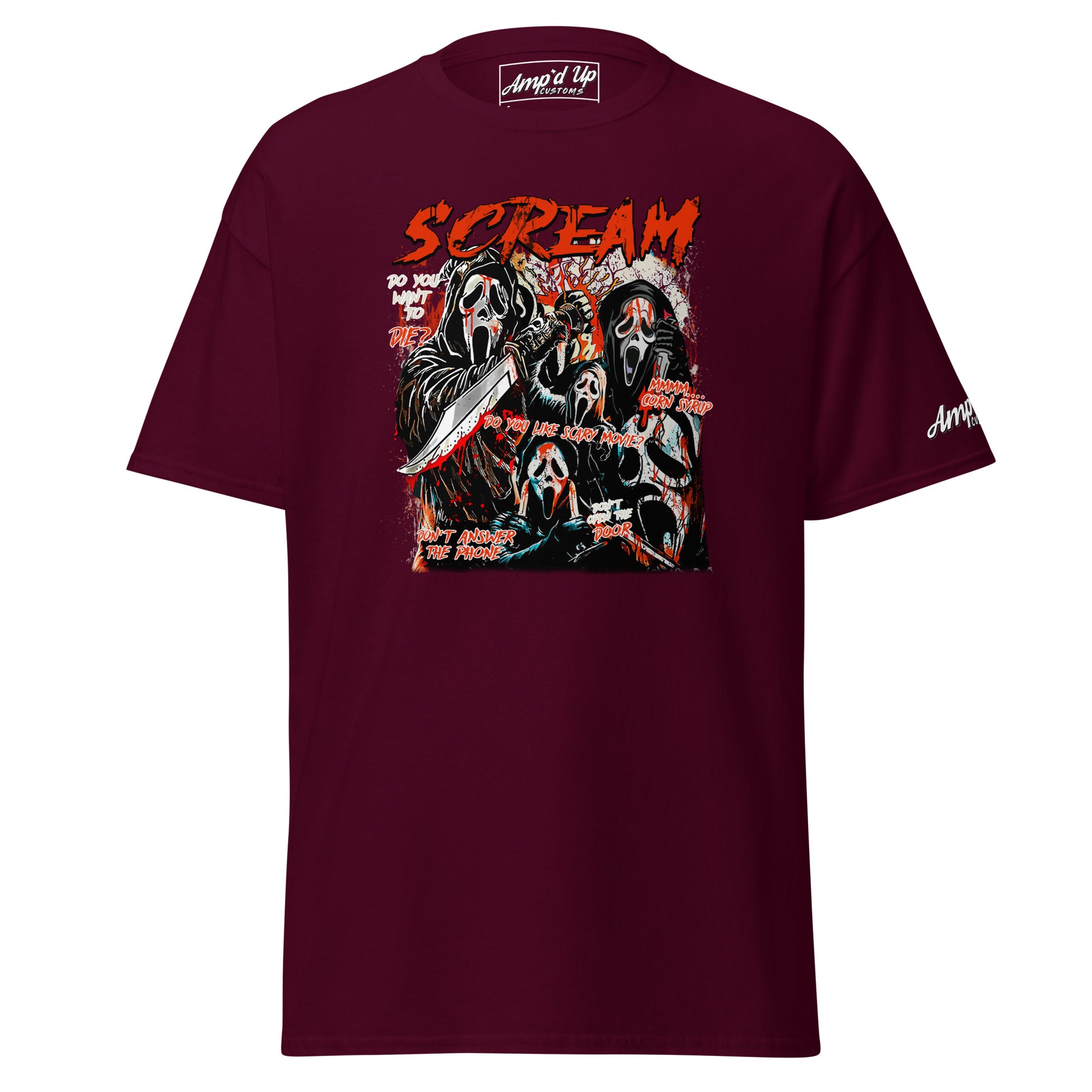 Amp'd Up Custom Scream T-Shirt with graphic horror characters and blood splatter on maroon fabric