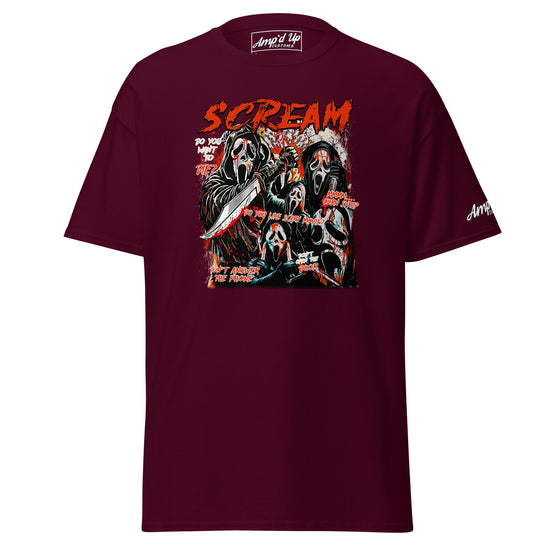 Amp'd Up Custom Scream T-Shirt with graphic horror characters and blood splatter on maroon fabric