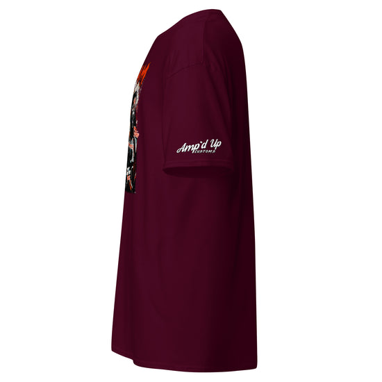 Side view of Amp'd Up Custom maroon Scream T Shirt with graphic design on front and logo on sleeve
