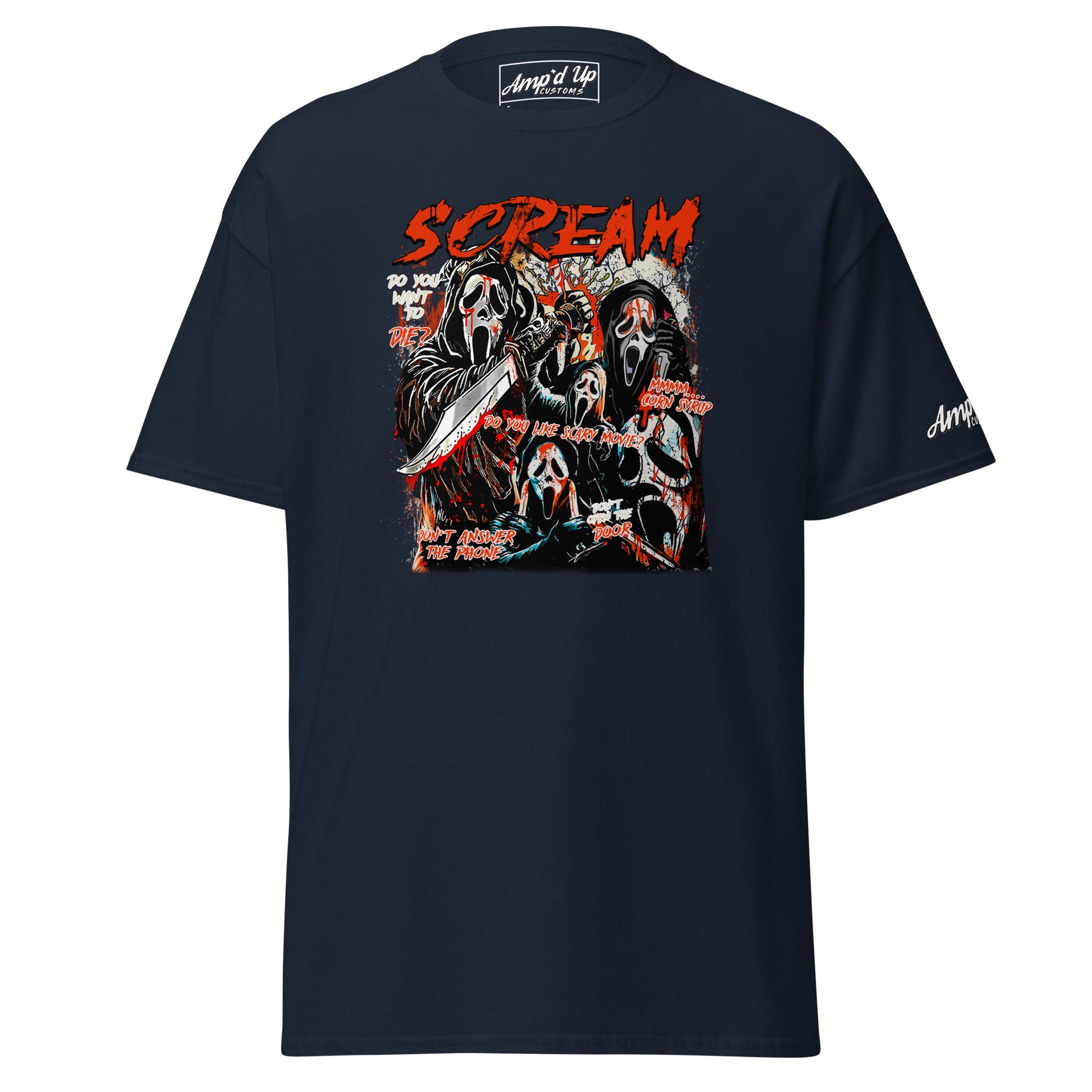 Black Scream T-Shirt by Amp'd Up Custom featuring graphic horror masks and red text design