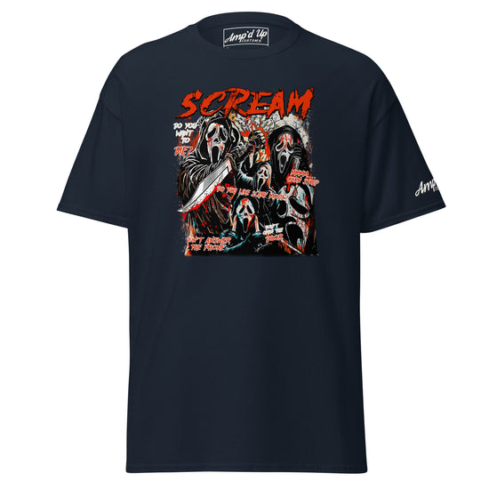 Black Scream T-Shirt by Amp'd Up Custom featuring graphic horror masks and red text design