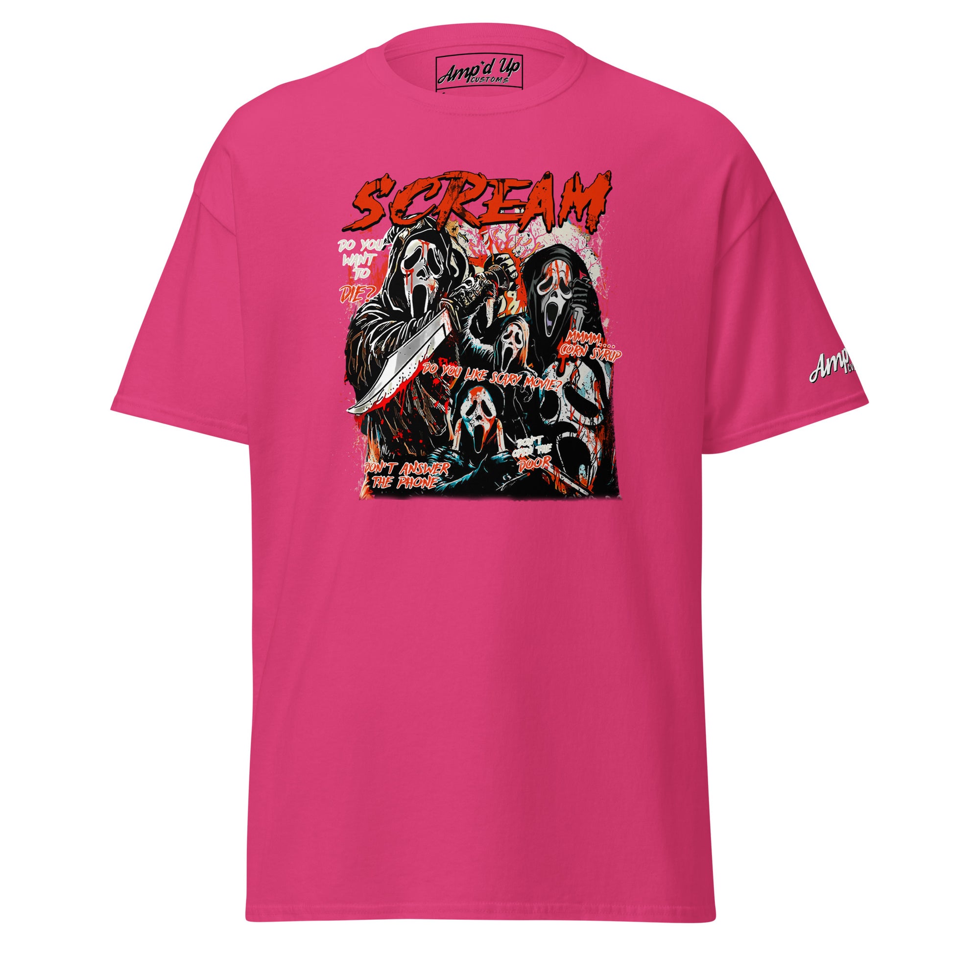 Pink Amp'd Up Custom Scream T-Shirt with graphic of four masked figures holding knives