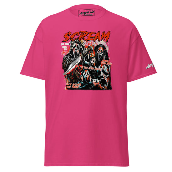Pink Amp'd Up Custom Scream T-Shirt with graphic of four masked figures holding knives
