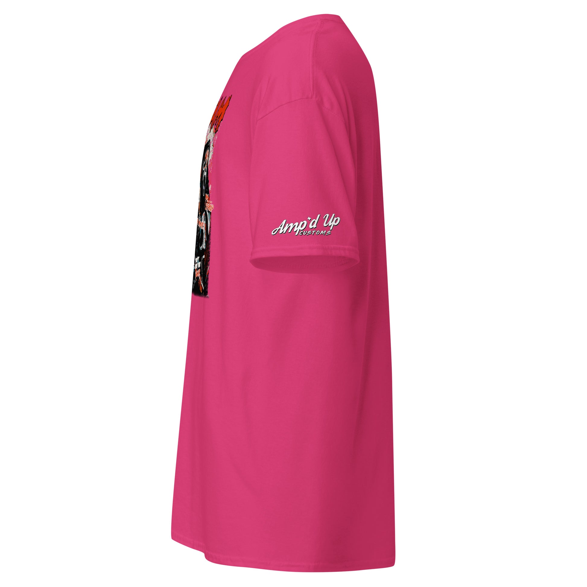 Amp'd Up Custom pink Scream T-Shirt side view with logo on sleeve and graphic print on front