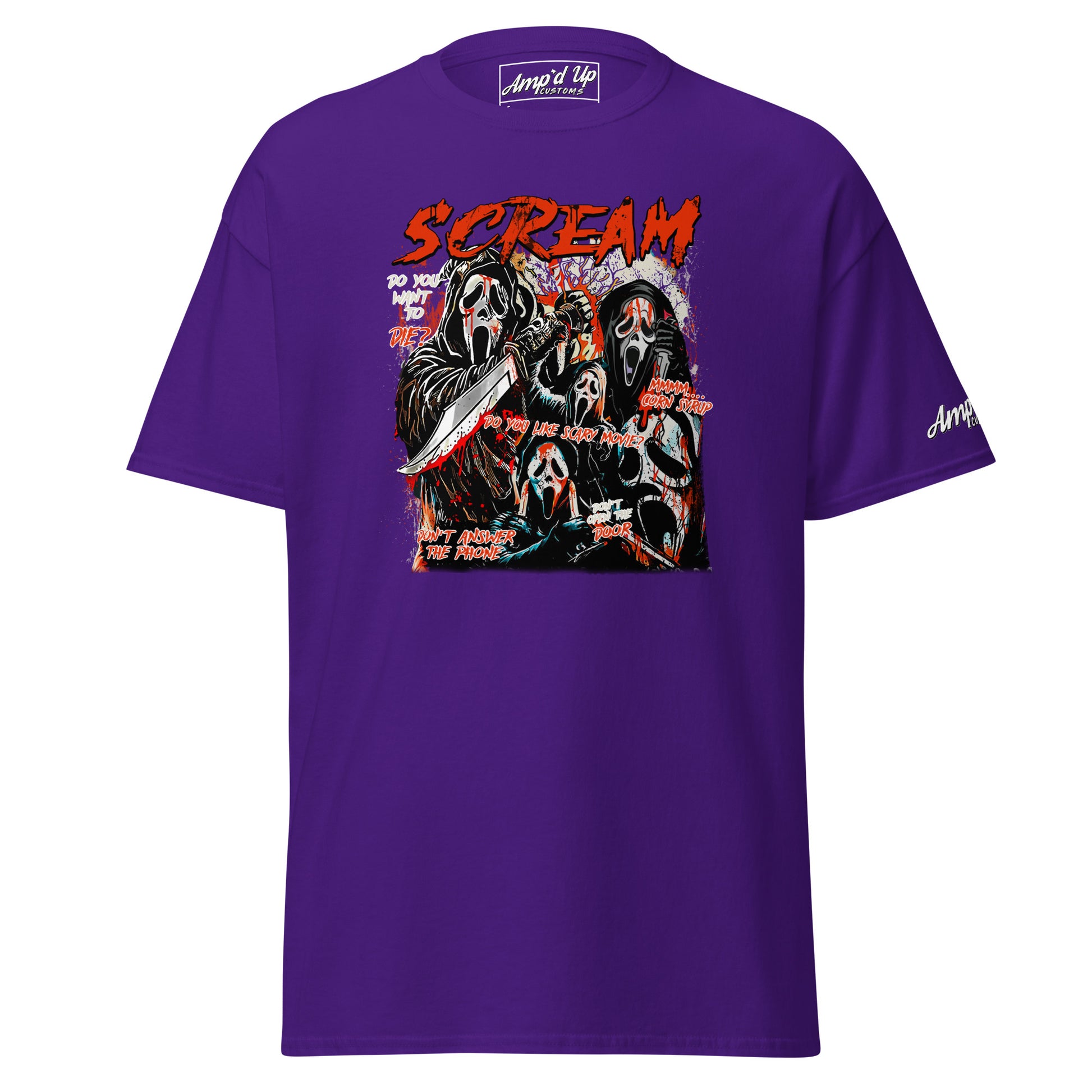 Purple Scream T-Shirt by Amp'd Up Custom featuring horror movie ghost face characters and graphic text