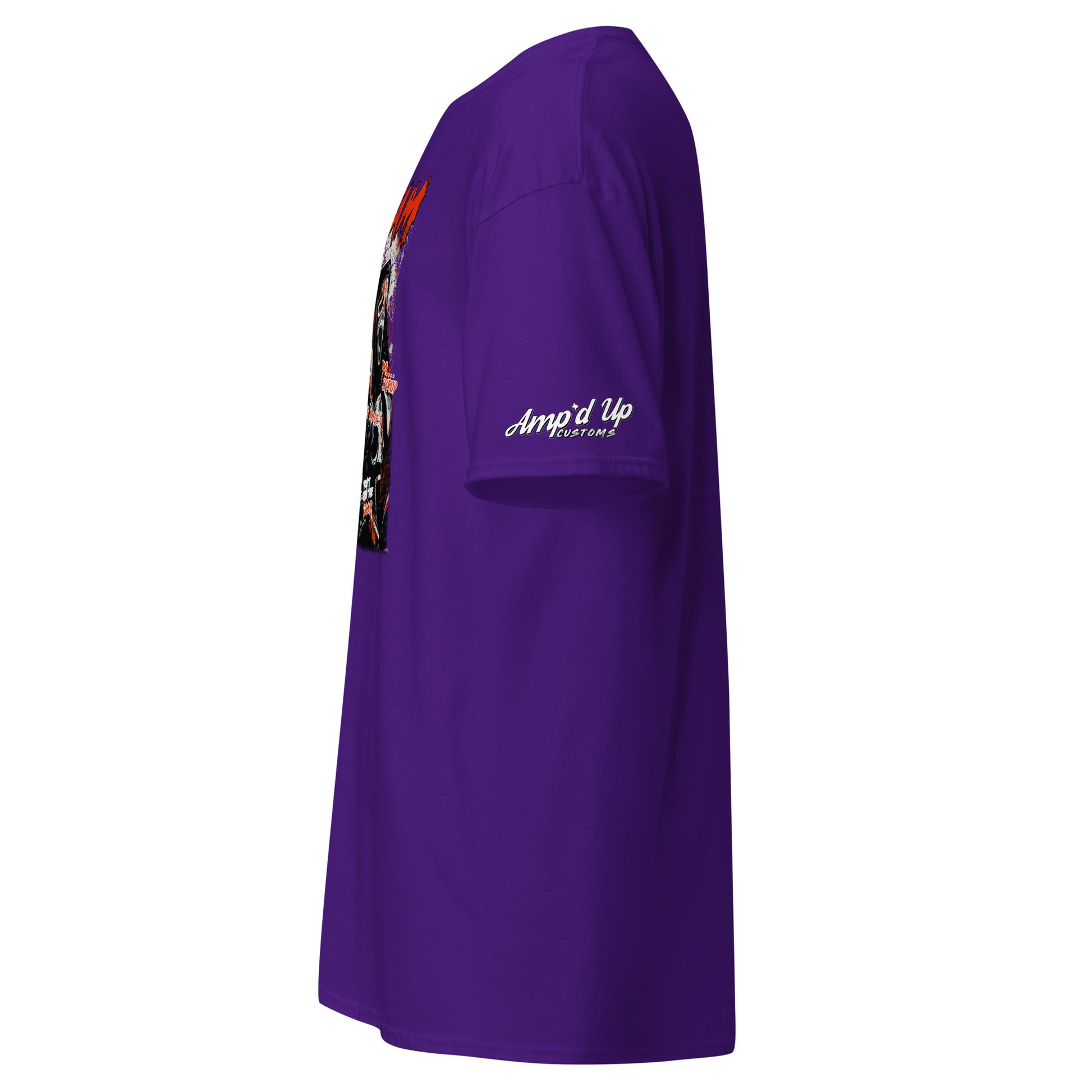 Purple Amp'd Up Custom Scream T-Shirt showing left side with graphic print and logo on sleeve
