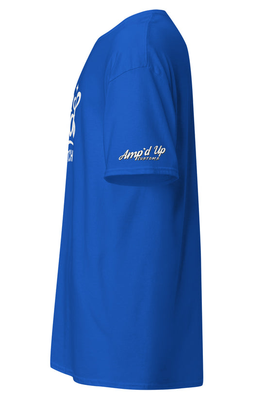 Side view of a blue Be kind, of a bitch T-Shirt by Amp'd Up Custom, designed for a casual look