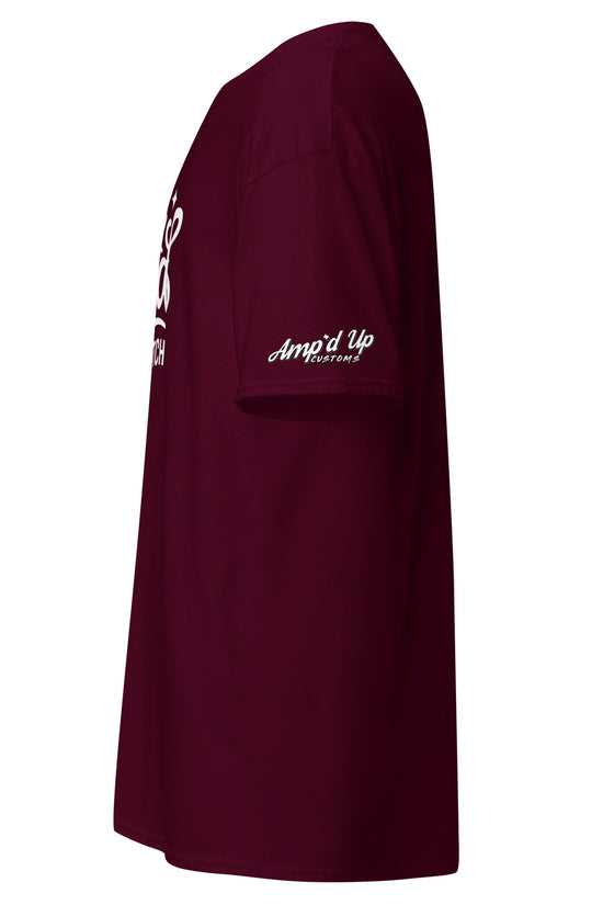 Side view of Amp'd Up Custom Be kind, of a bitch T-Shirt in maroon color