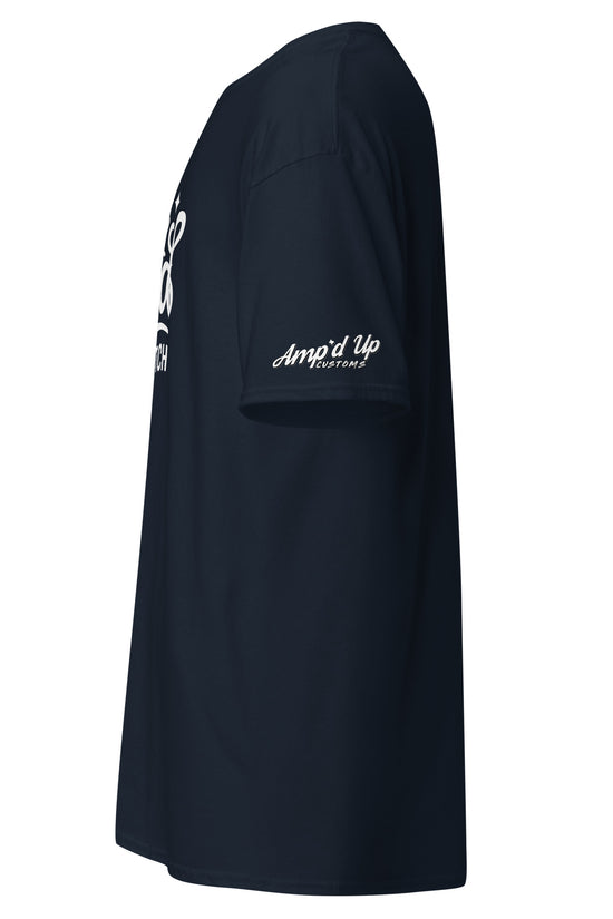 Side view of Amp'd Up Custom Be kind, of a bitch T-Shirt in navy blue fabric
