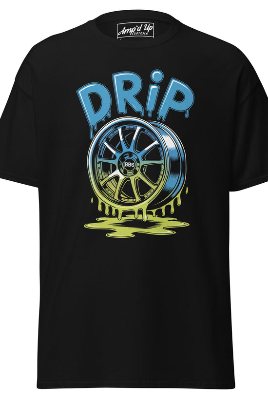 Amp'd Up Custom Drip T-Shirt in Black featuring a colorful wheel graphic with dripping paint