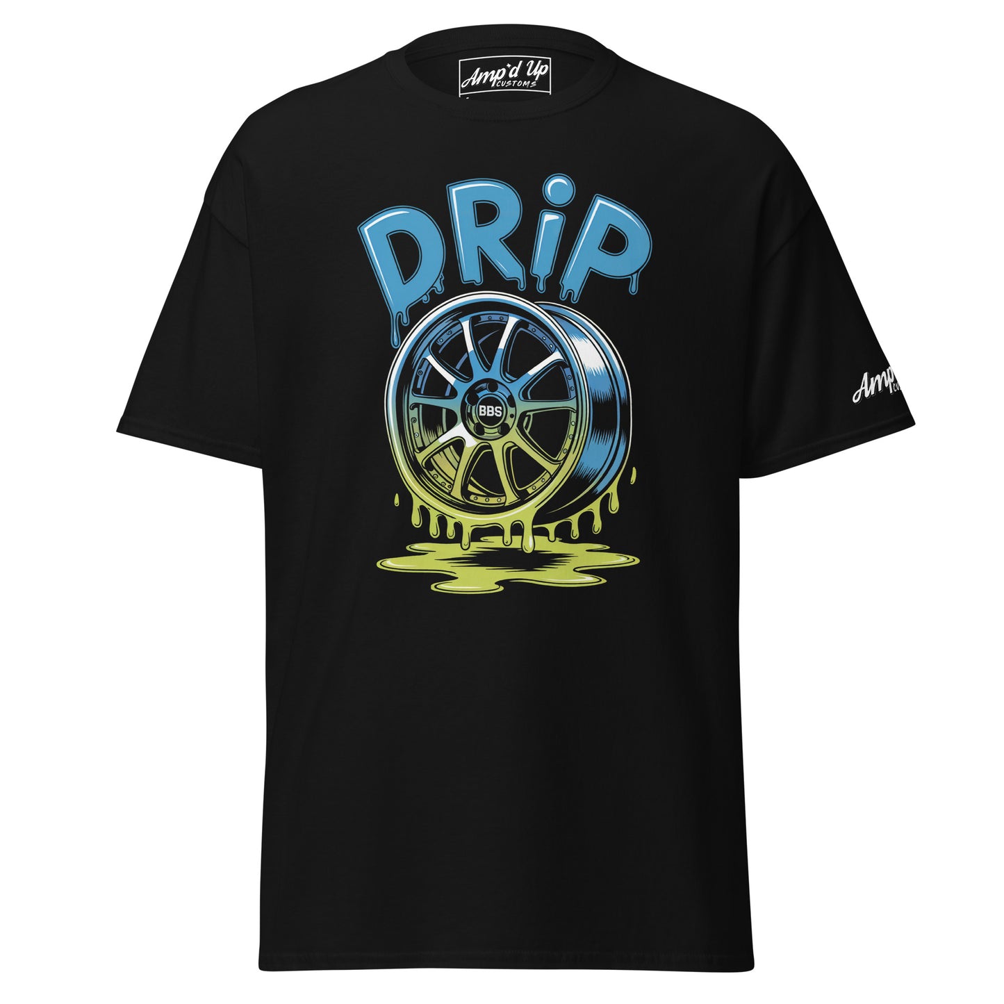Amp'd Up Custom Drip T-Shirt in Black featuring a colorful wheel graphic with dripping paint