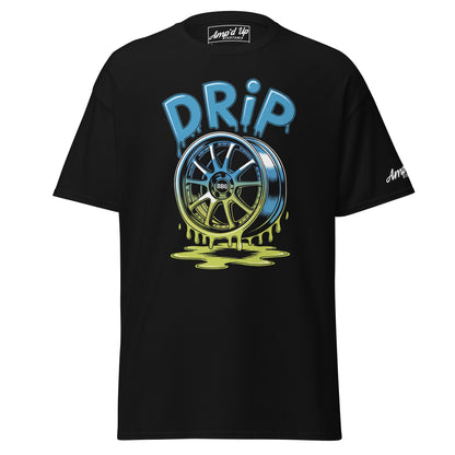 Amp'd Up Custom Drip T-Shirt in Black featuring a colorful wheel graphic with dripping paint