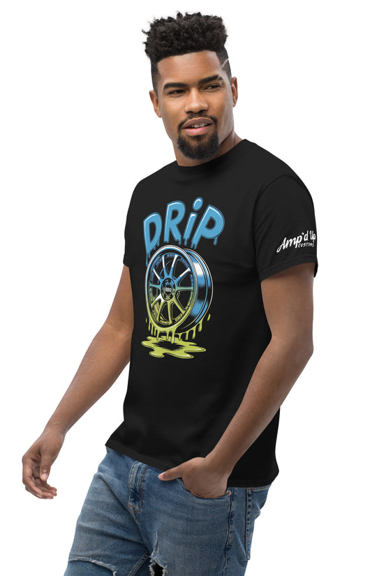 Black Amp'd Up Custom Drip T-Shirt featuring a colorful wheel design for stylish casual wear
