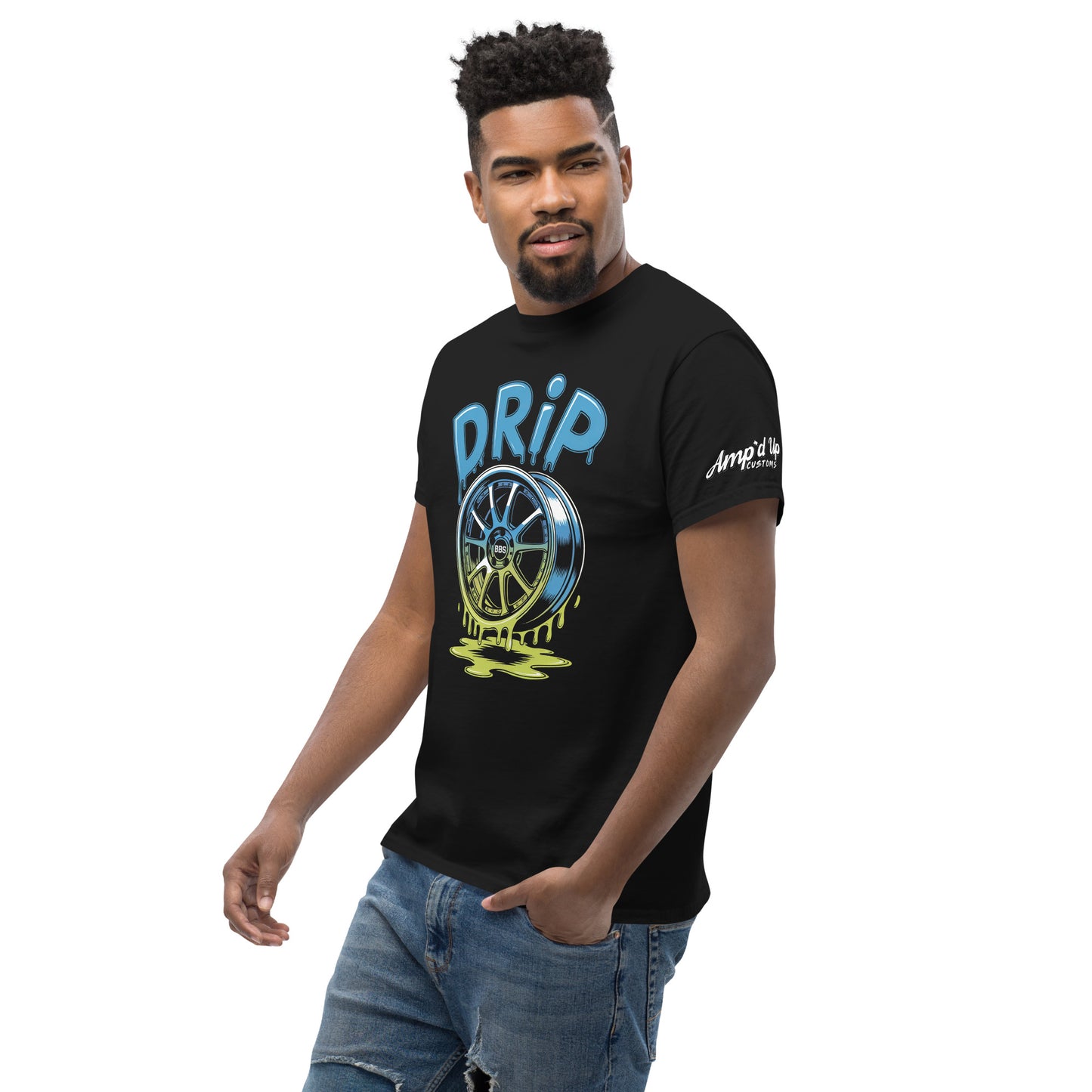 Black Amp'd Up Custom Drip T-Shirt featuring a colorful wheel design for stylish casual wear