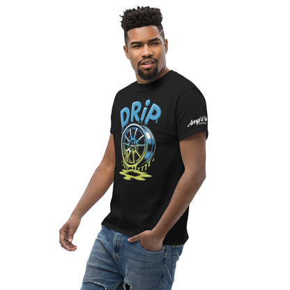 Black Amp'd Up Custom Drip T-Shirt featuring a colorful wheel design for stylish casual wear