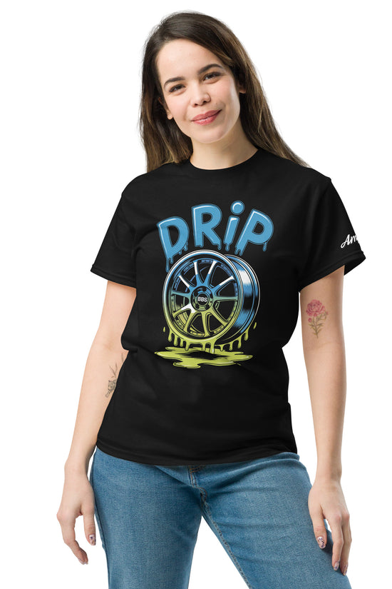 Amp'd Up Custom Drip T-Shirt in Black featuring a colorful wheel design