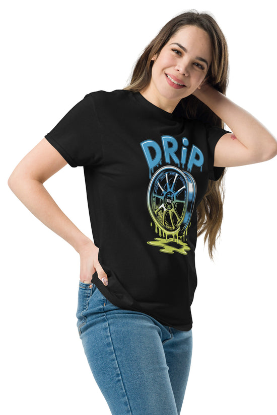 Black Drip T-Shirt with colorful wheel graphic, perfect for streetwear enthusiasts and car lovers