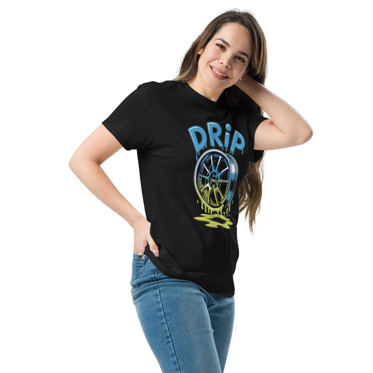 Black Drip T-Shirt with colorful wheel graphic, perfect for streetwear enthusiasts and car lovers