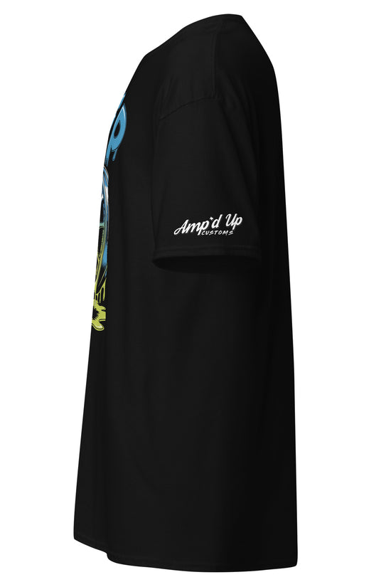 Side view of Amp'd Up Custom Drip T-Shirt in black featuring vibrant graphic design