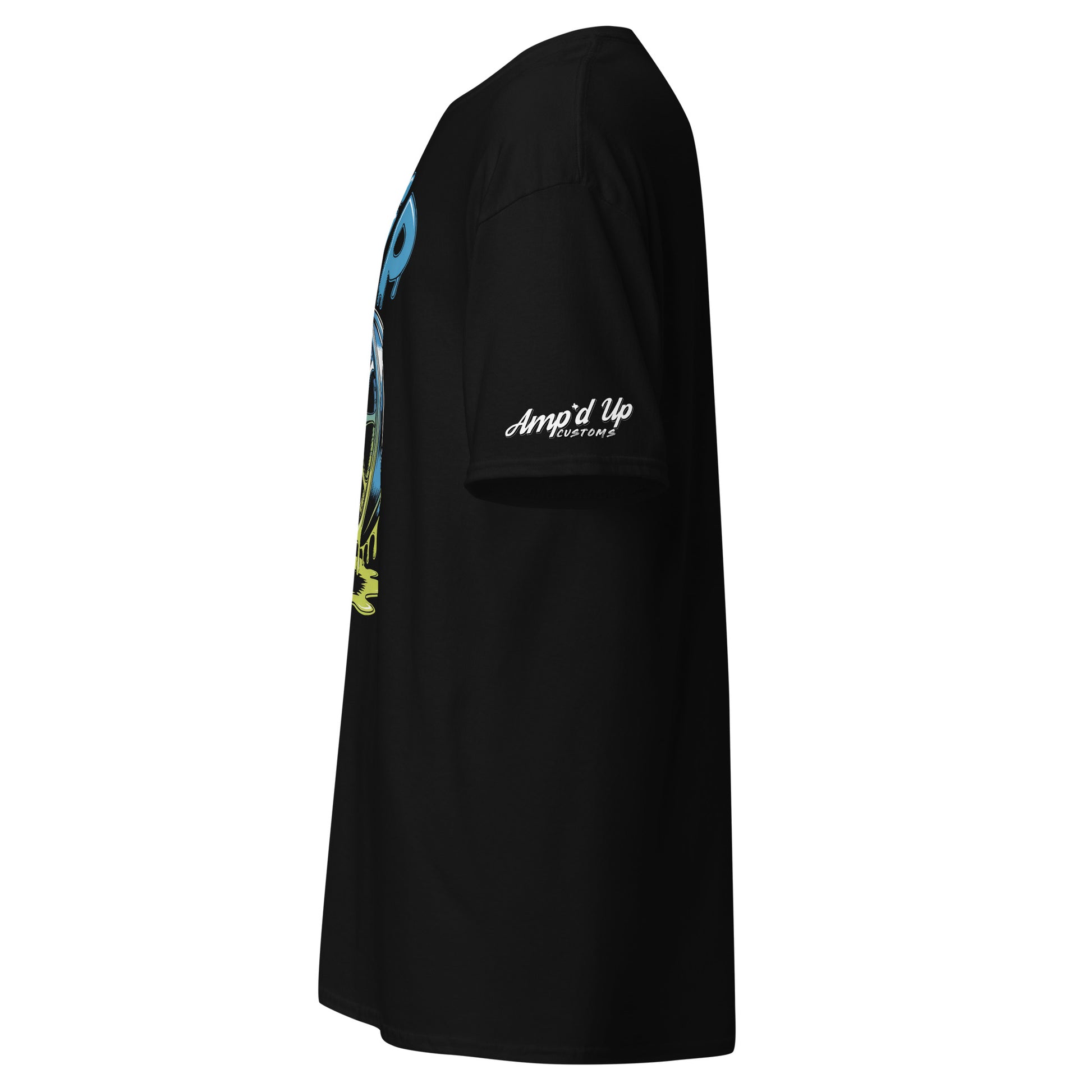Side view of Amp'd Up Custom Drip T-Shirt in black featuring vibrant graphic design