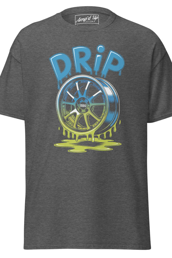 Amp'd Up Custom Drip T-Shirt featuring a vibrant graphic design with a wheel and dripping paint