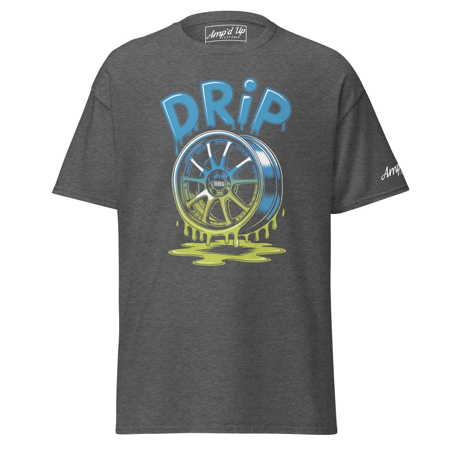 Amp'd Up Custom Drip T-Shirt featuring a vibrant graphic design with a wheel and dripping paint