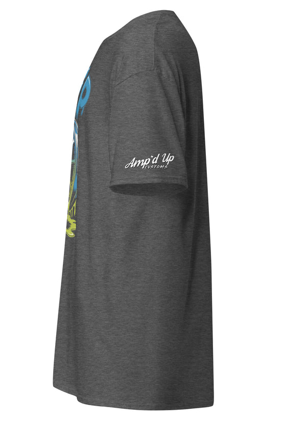 Side view of Amp'd Up Custom Drip T-Shirt in charcoal gray with vibrant graphics