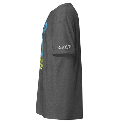 Side view of Amp'd Up Custom Drip T-Shirt in charcoal gray with vibrant graphics