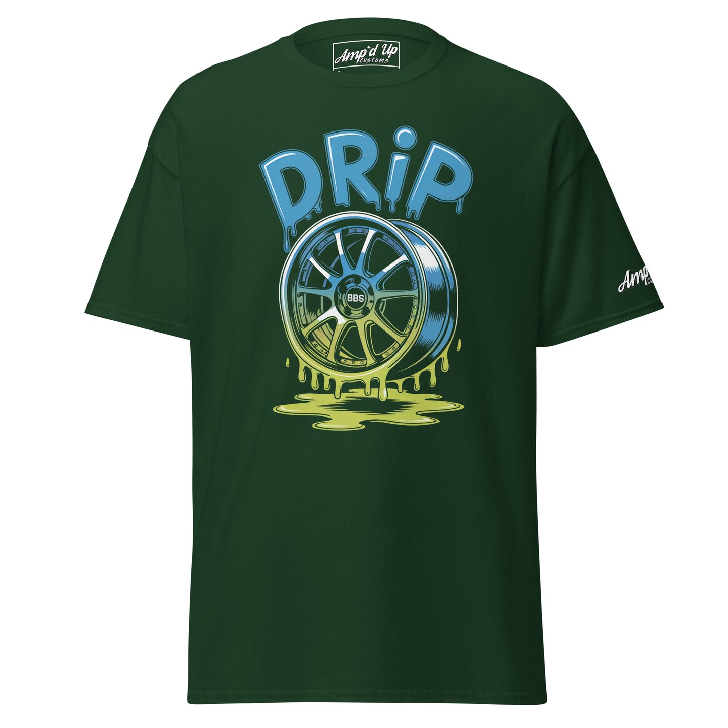 Amp'd Up Custom Drip T-Shirt featuring a colorful wheel design with dripping paint effect