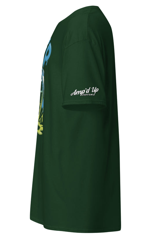 Amp'd Up Custom Drip T-Shirt in dark green with vibrant graphic design on the front