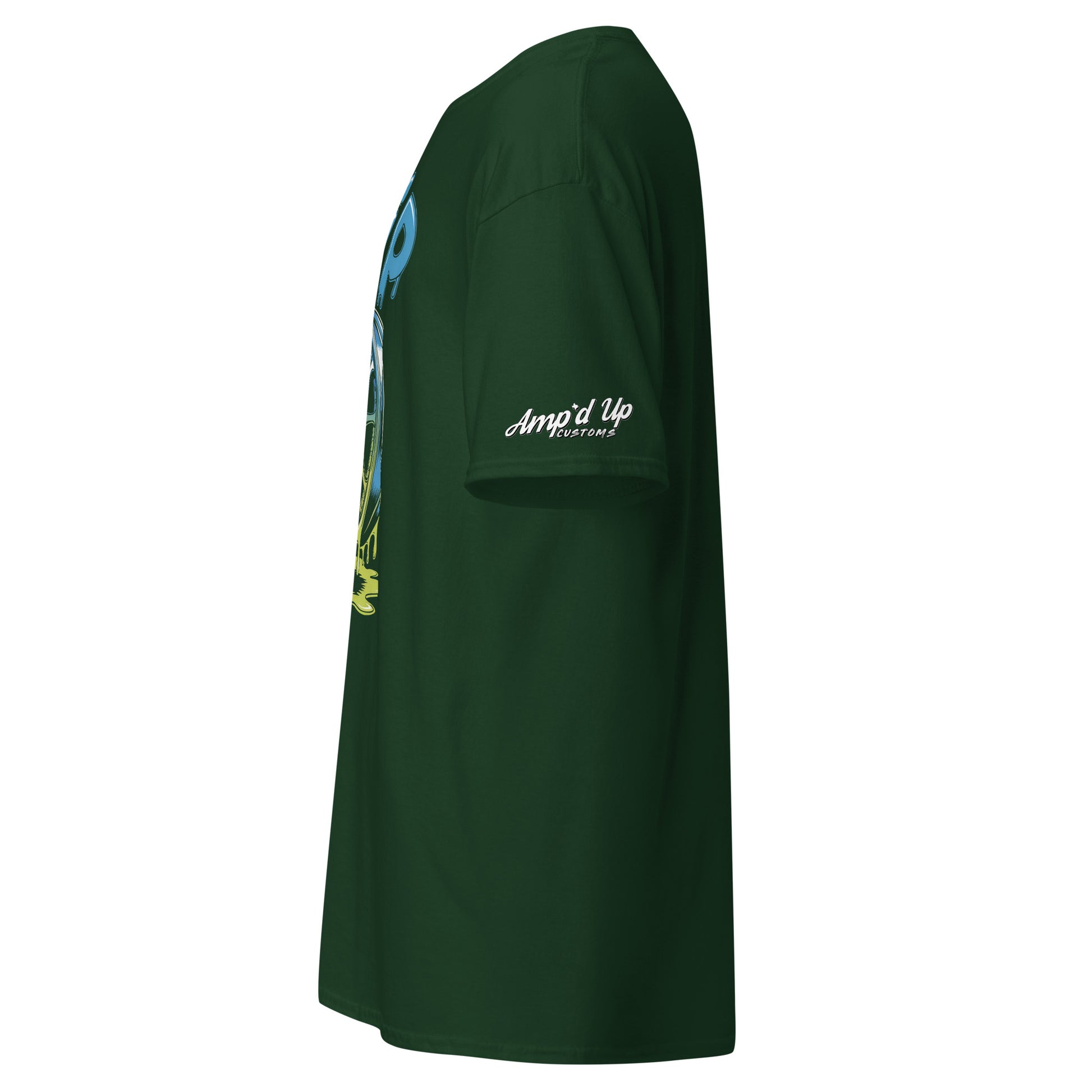 Amp'd Up Custom Drip T-Shirt in dark green with vibrant graphic design on the front