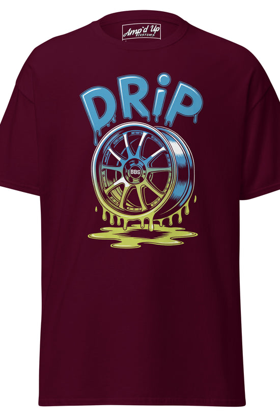 Amp'd Up Custom Drip T-Shirt in Burgundy with a colorful graphic of a wheel and dripping paint design