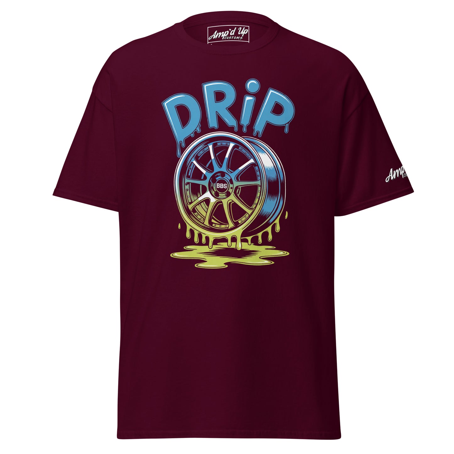 Amp'd Up Custom Drip T-Shirt in Burgundy with a colorful graphic of a wheel and dripping paint design