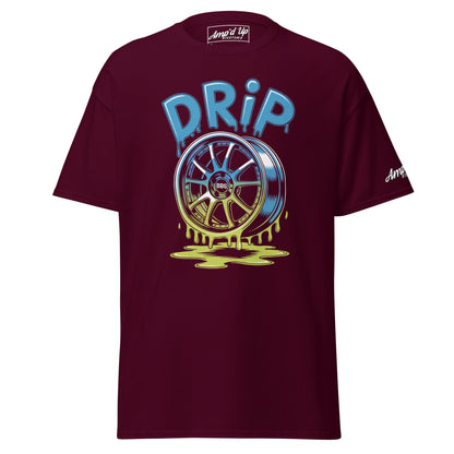 Amp'd Up Custom Drip T-Shirt in Burgundy with a colorful graphic of a wheel and dripping paint design