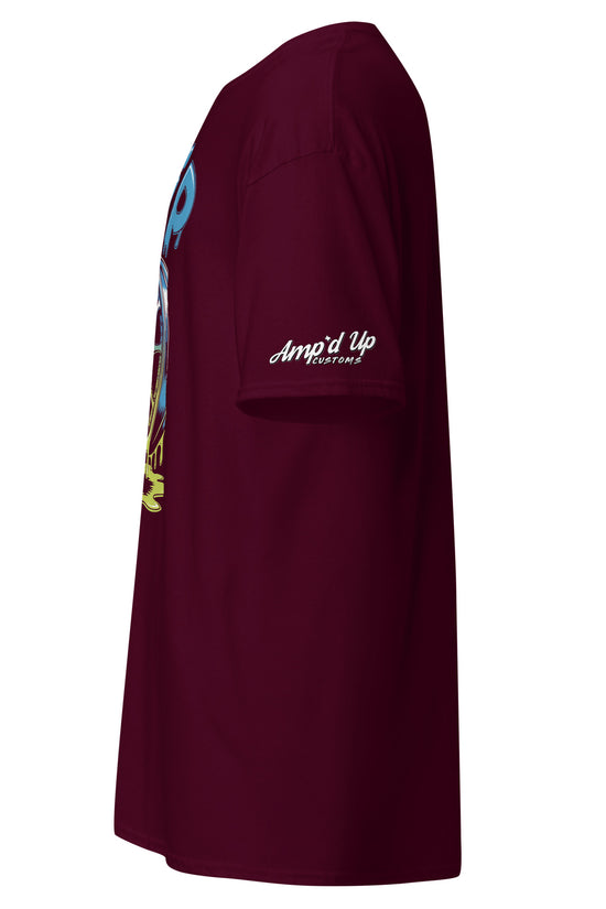 Amp'd Up Custom Drip T-Shirt in Maroon with Vibrant Graphic Design on the Side