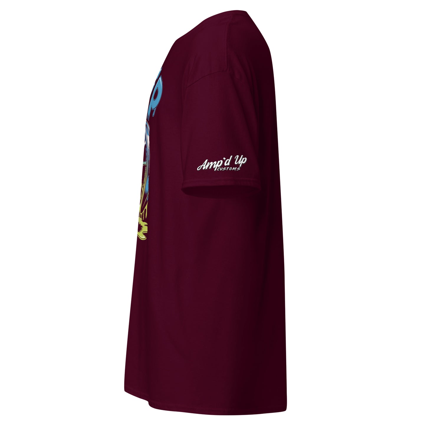 Amp'd Up Custom Drip T-Shirt in Maroon with Vibrant Graphic Design on the Side