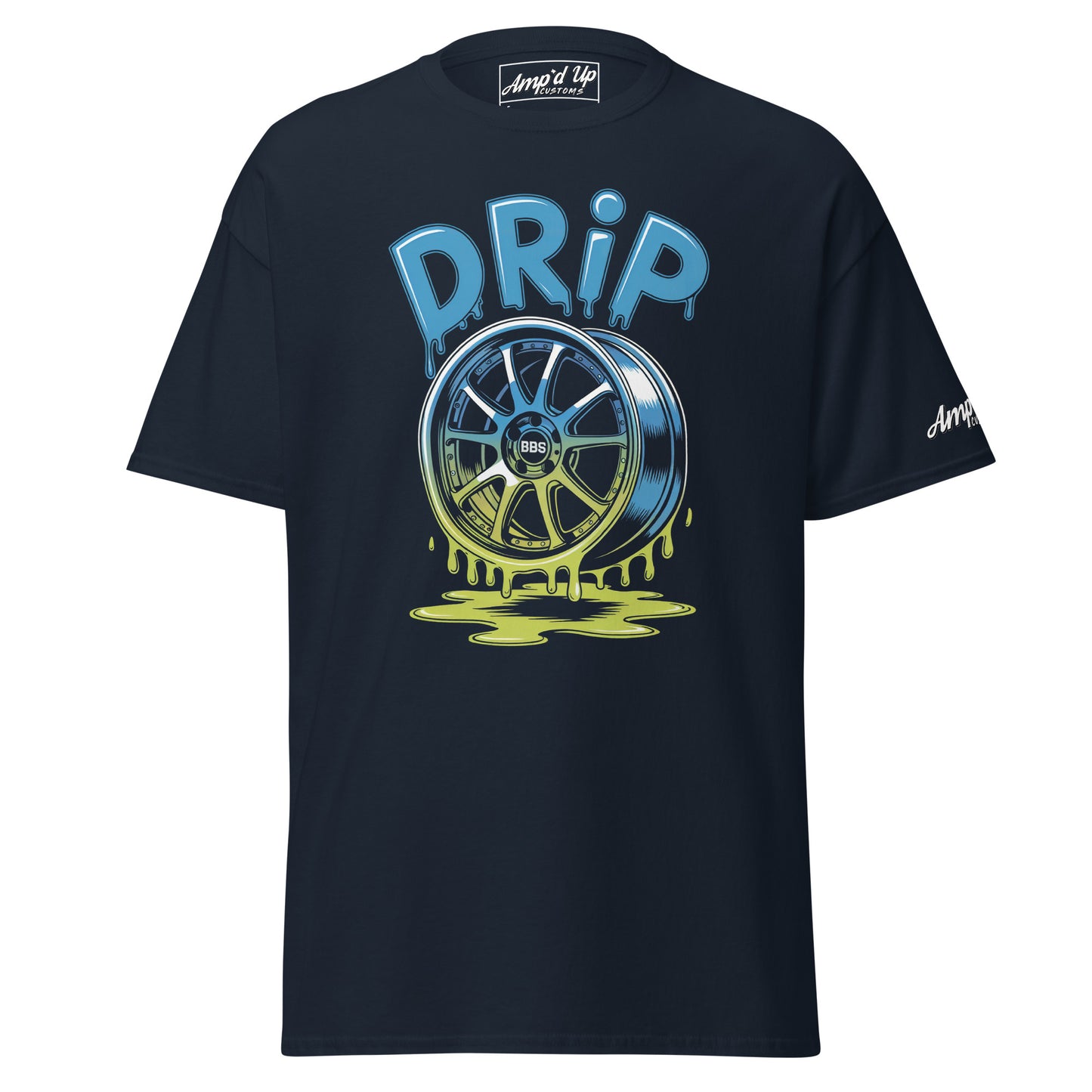 Amp'd Up Custom Drip T-Shirt featuring a colorful wheel graphic with dripping paint design