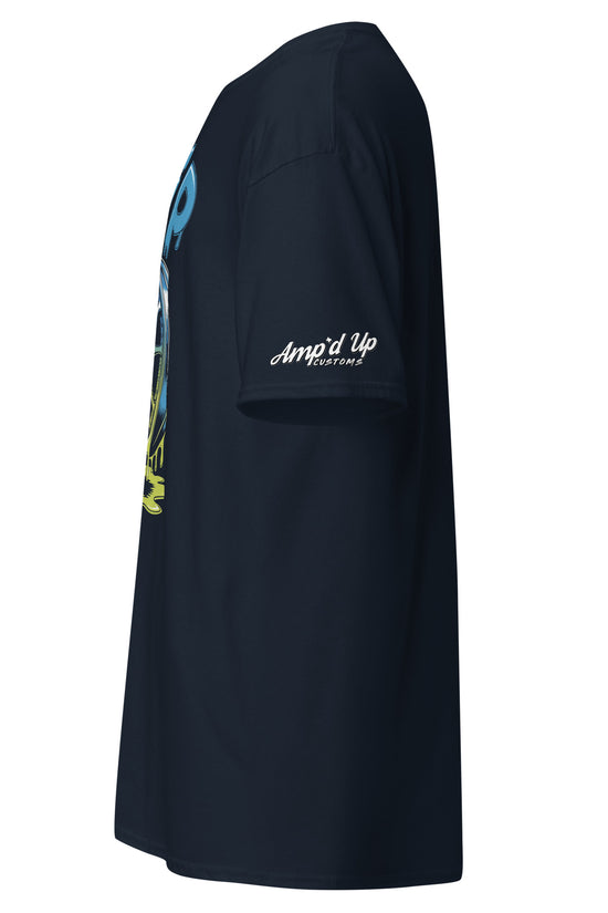 Side view of Amp'd Up Custom Drip T-Shirt featuring vibrant graphic print on a navy background