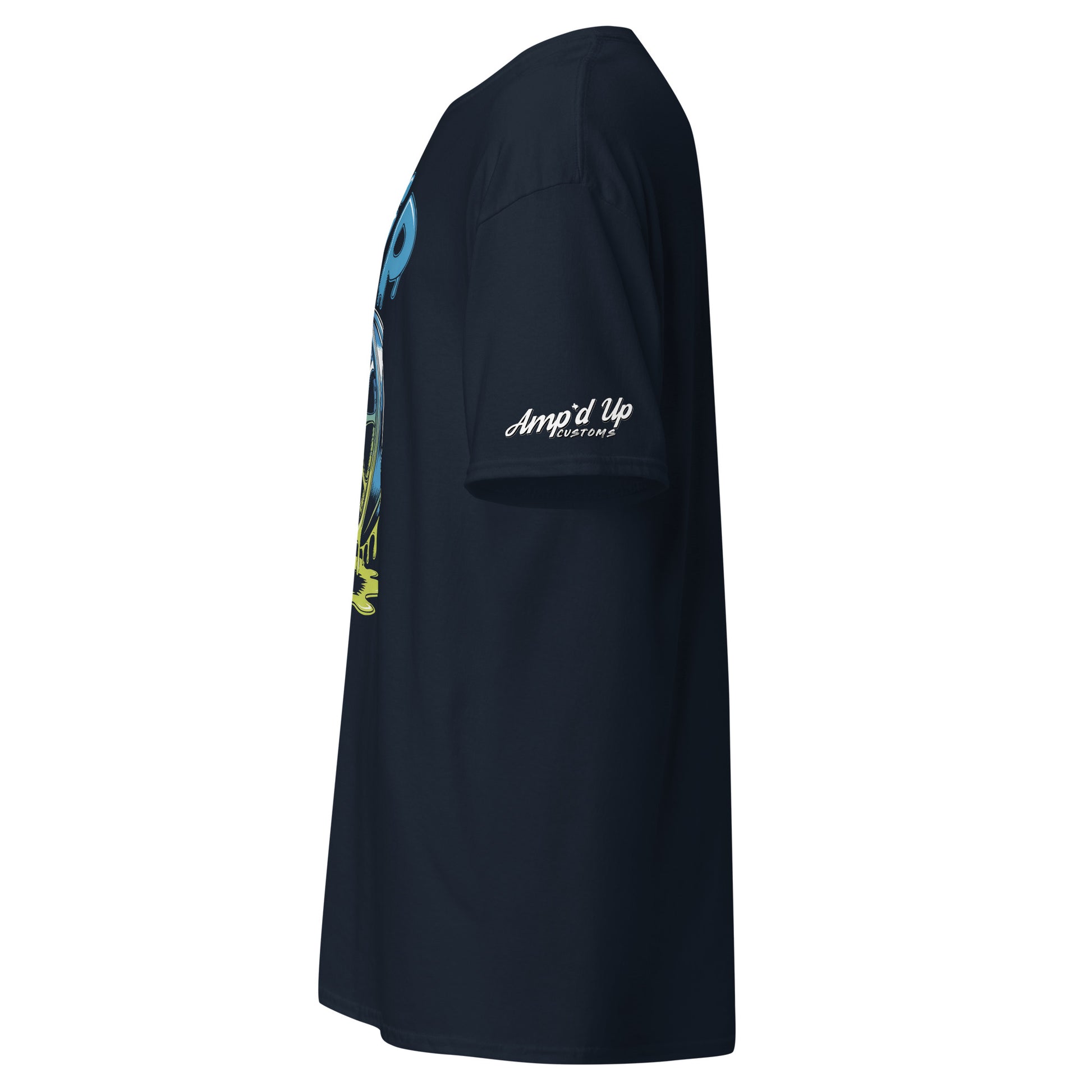 Side view of Amp'd Up Custom Drip T-Shirt featuring vibrant graphic print on a navy background