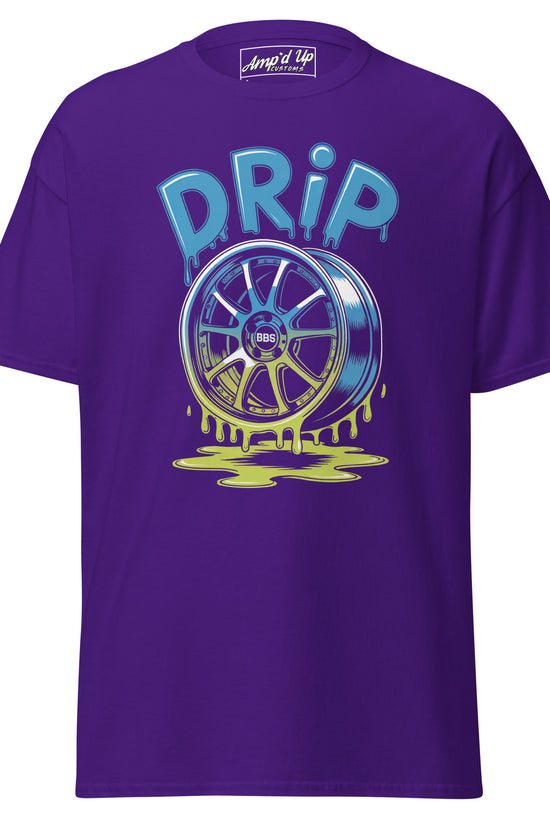 Amp'd Up Custom Drip T-Shirt in Purple with Vibrant Wheel Graphic and Dripping Paint Design