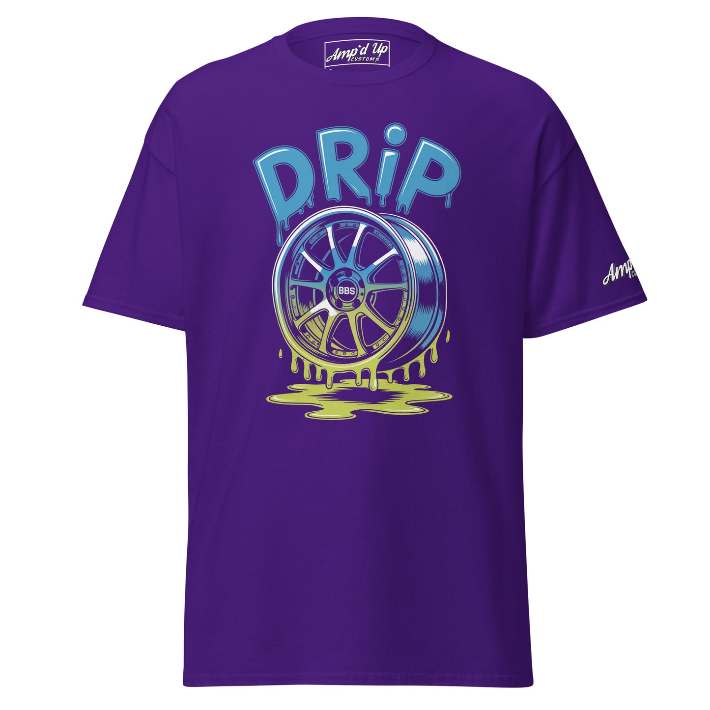 Amp'd Up Custom Drip T-Shirt in Purple with Vibrant Wheel Graphic and Dripping Paint Design