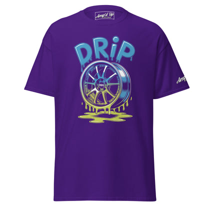 Amp'd Up Custom Drip T-Shirt in Purple with Vibrant Wheel Graphic and Dripping Paint Design