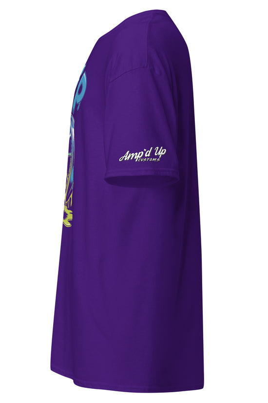 Amp'd Up Custom Drip T-Shirt in Purple with Side View to Show Design and Fit