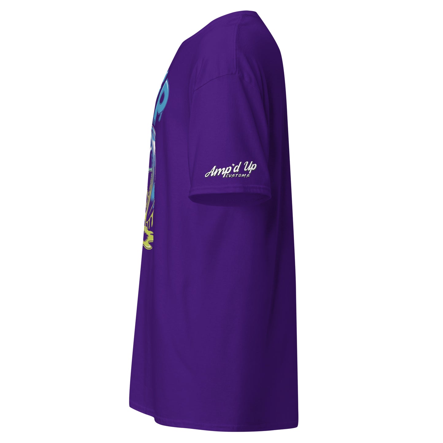 Amp'd Up Custom Drip T-Shirt in Purple with Side View to Show Design and Fit